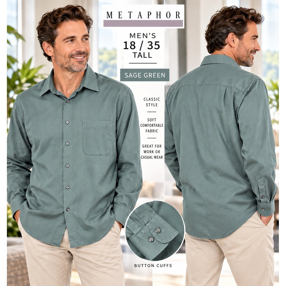 METAPHOR Men's 18 35 Tall Sage Green Long Sleeve Button Up Dress Shirt #1875